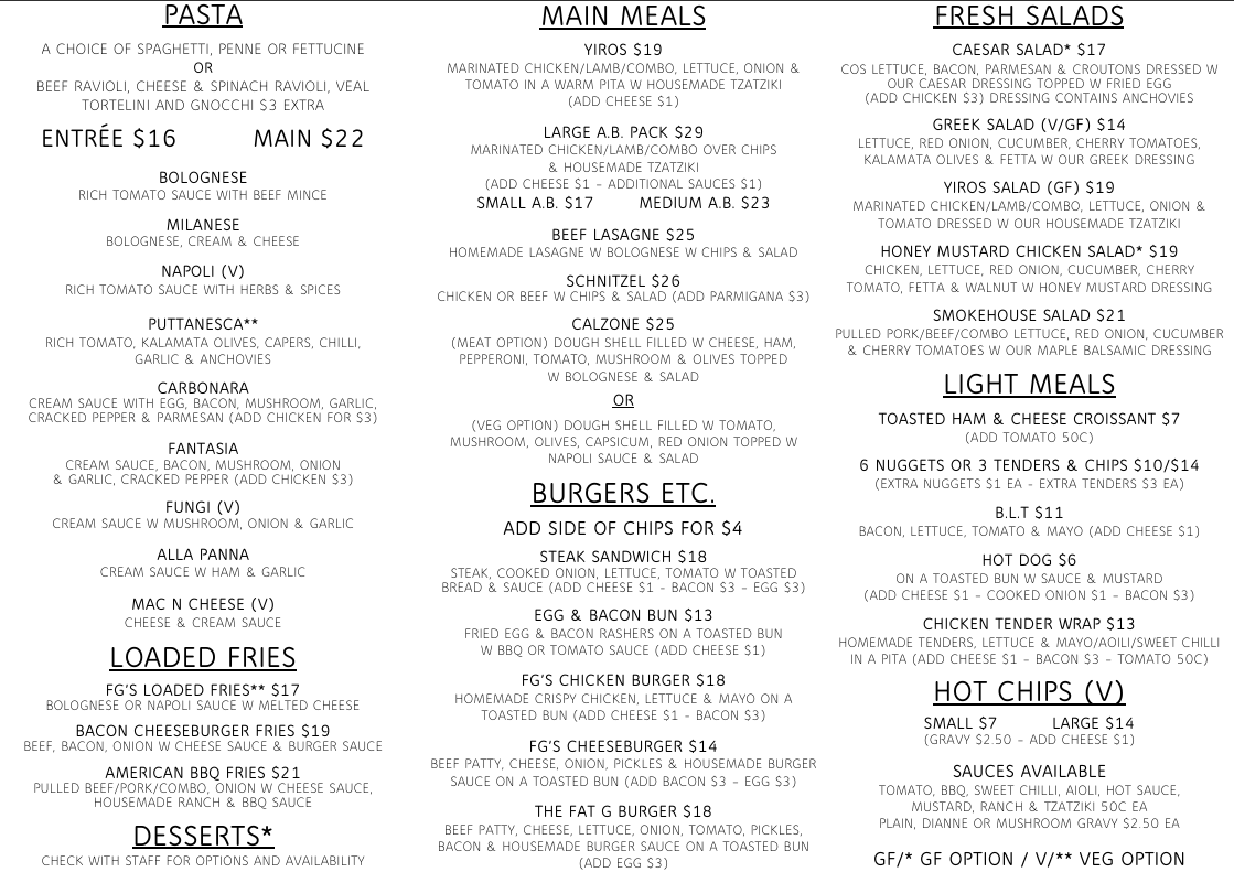 Menu, Fat G’s Pizza, Pasta Etc.