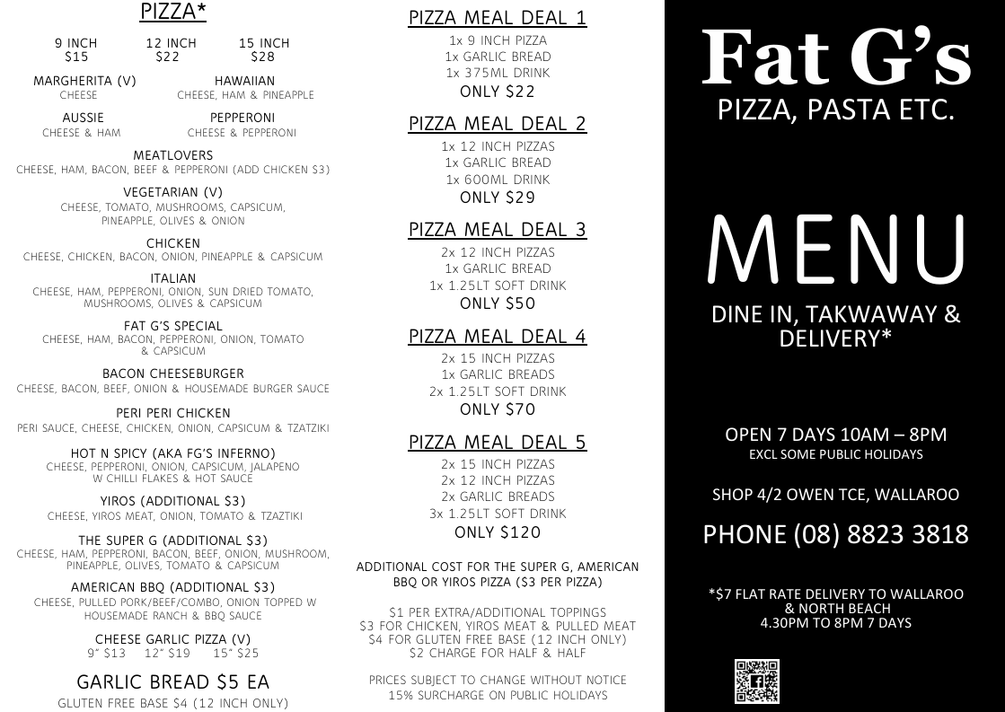 Menu, Fat G’s Pizza, Pasta Etc.