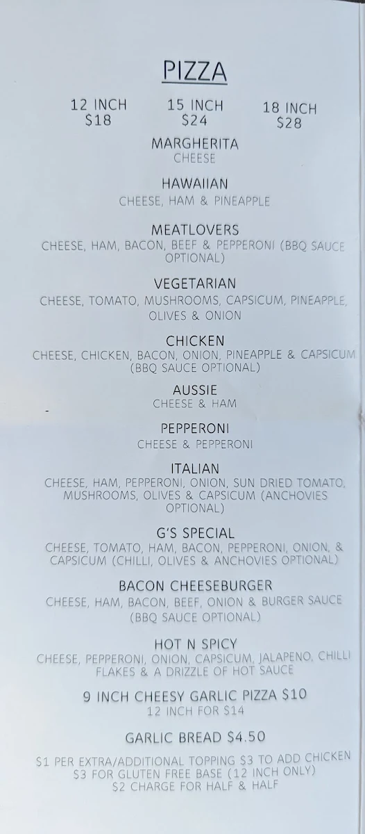 Menu, Fat G’s Pizza, Pasta Etc.