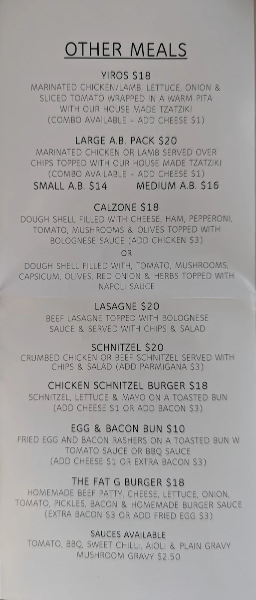 Menu, Fat G’s Pizza, Pasta Etc.