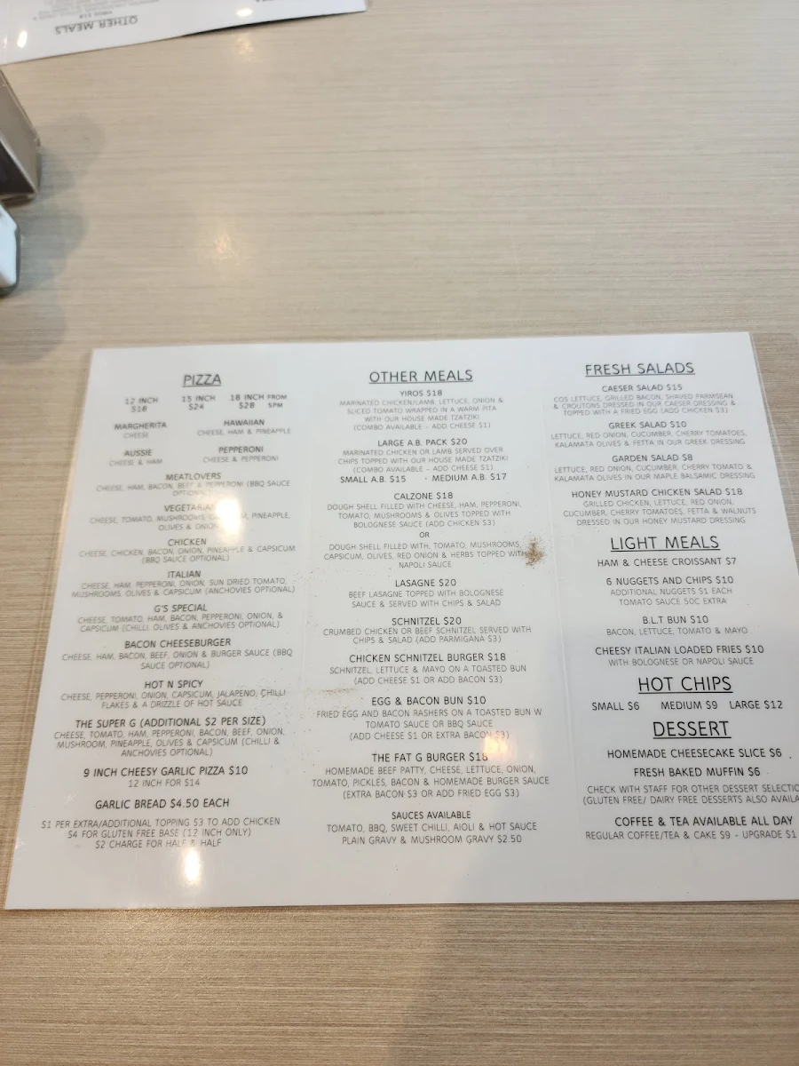 Menu, Fat G’s Pizza, Pasta Etc.