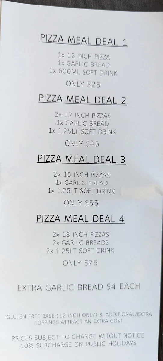 Menu, Fat G’s Pizza, Pasta Etc.