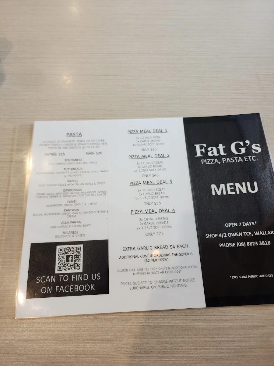 Menu, Fat G’s Pizza, Pasta Etc.