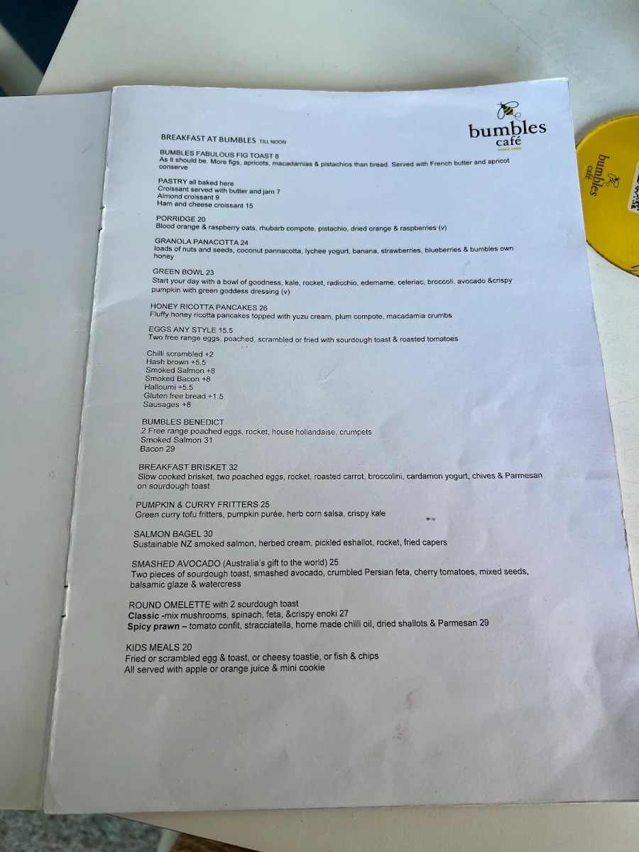Menu, Bumbles Café