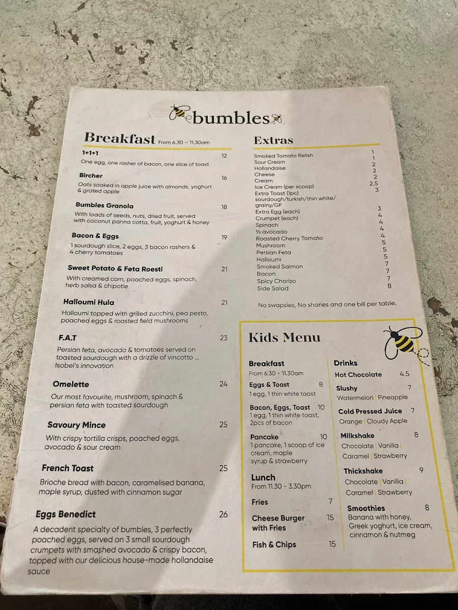 Menu, Bumbles Café
