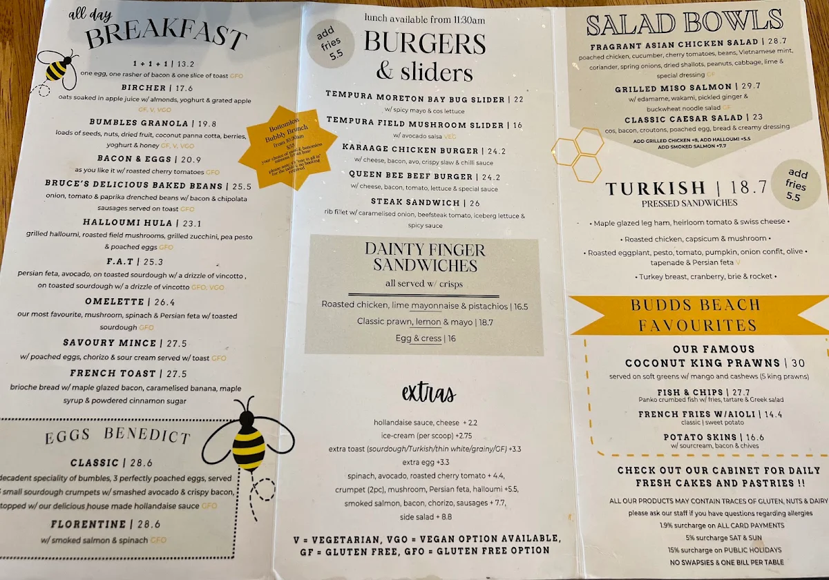 Menu, Bumbles Café