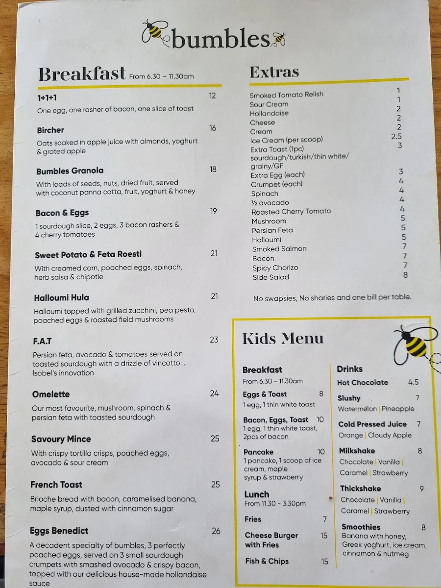 Menu, Bumbles Café