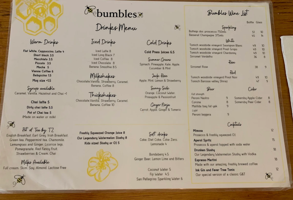 Menu, Bumbles Café