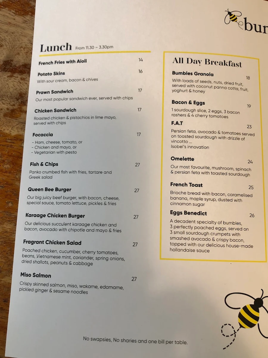 Menu, Bumbles Café