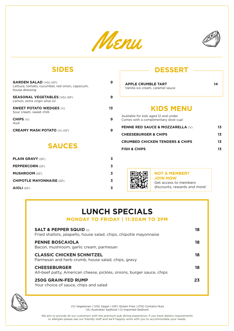 Menu, Bexley North Hotel