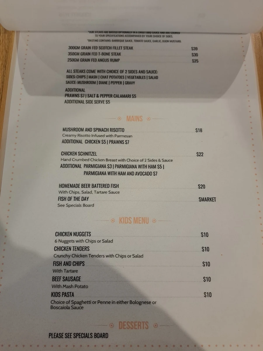 Menu, Bexley North Hotel