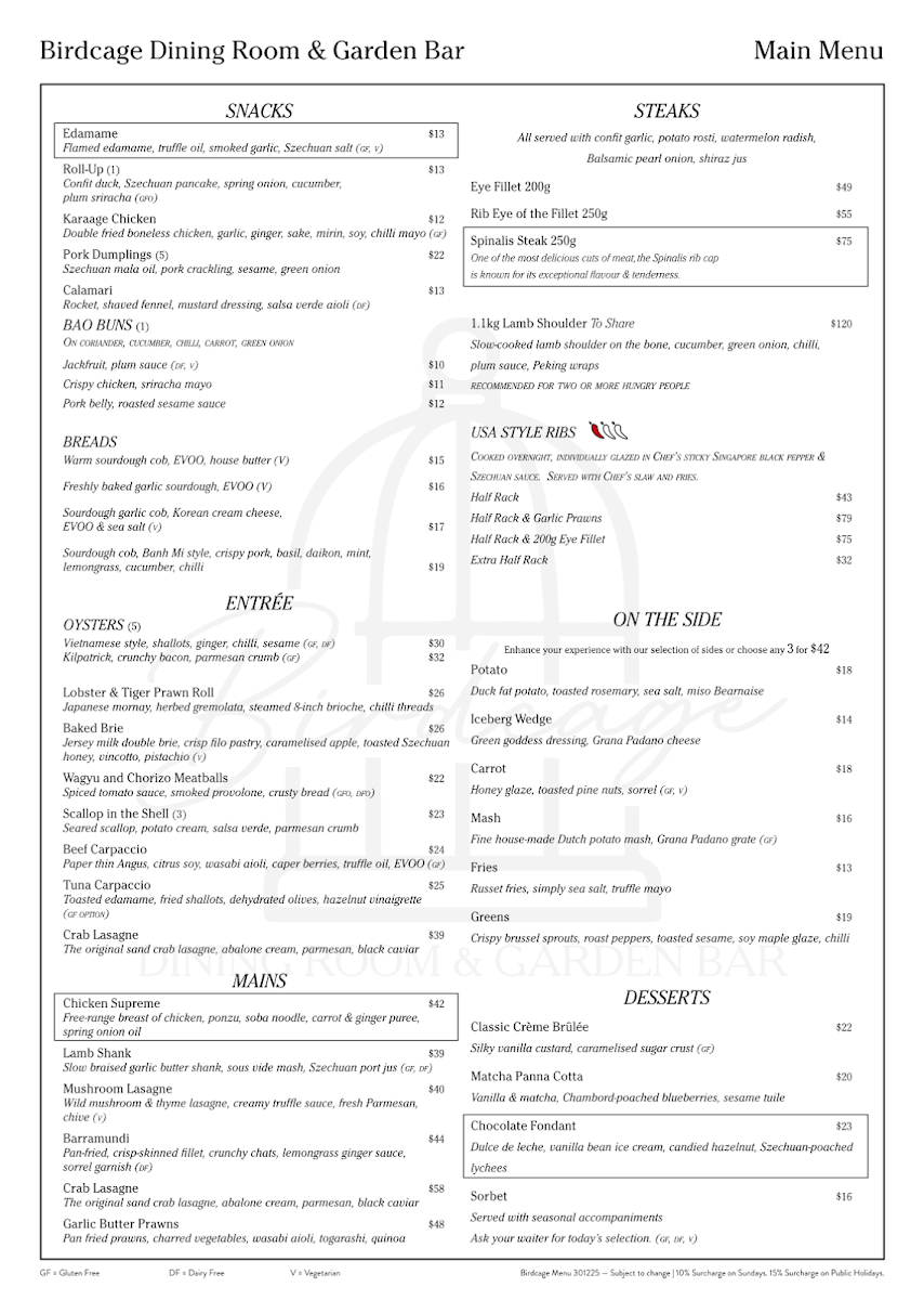 Menu, Birdcage Dining Room & Garden Bar