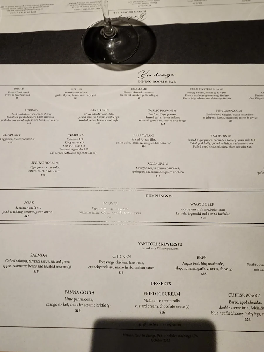 Menu, Birdcage Dining Room & Garden Bar