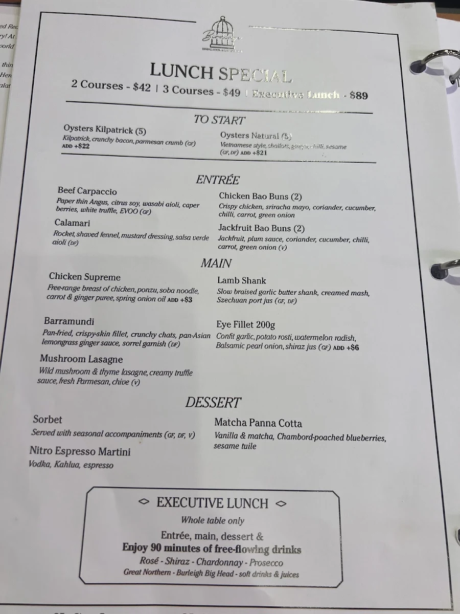 Menu, Birdcage Dining Room & Garden Bar