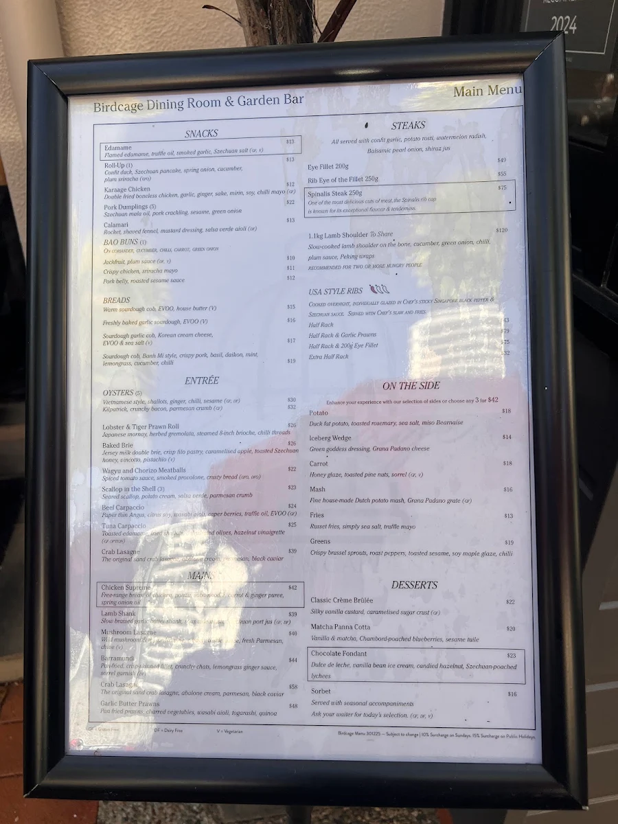 Menu, Birdcage Dining Room & Garden Bar