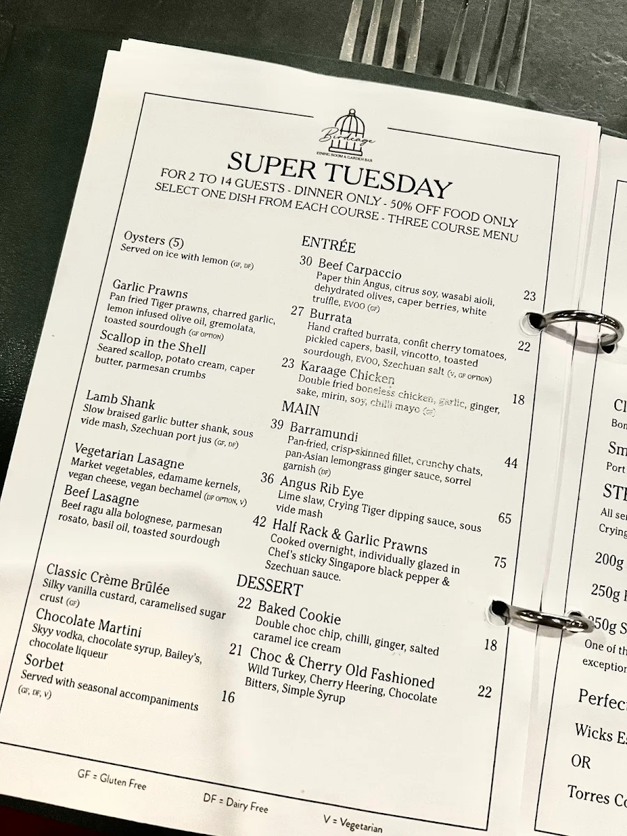 Menu, Birdcage Dining Room & Garden Bar