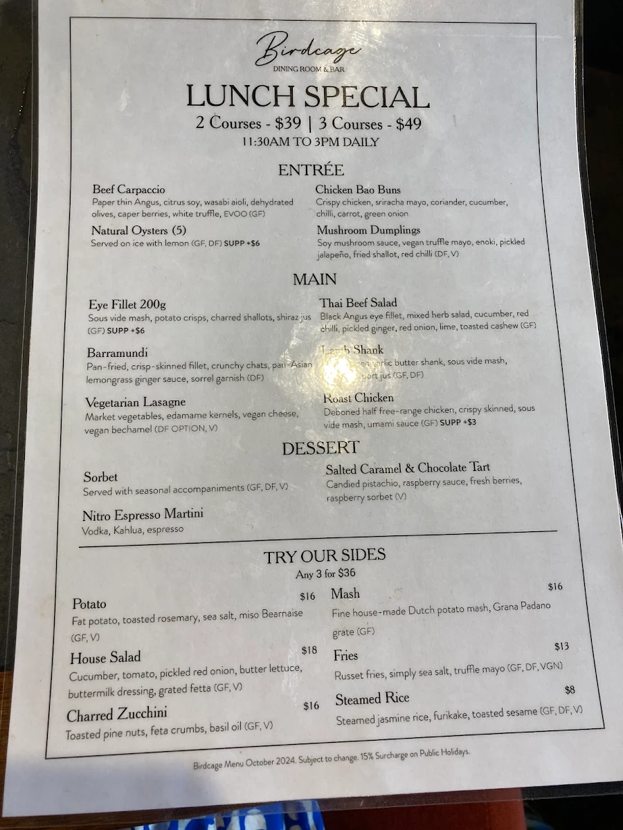 Menu, Birdcage Dining Room & Garden Bar