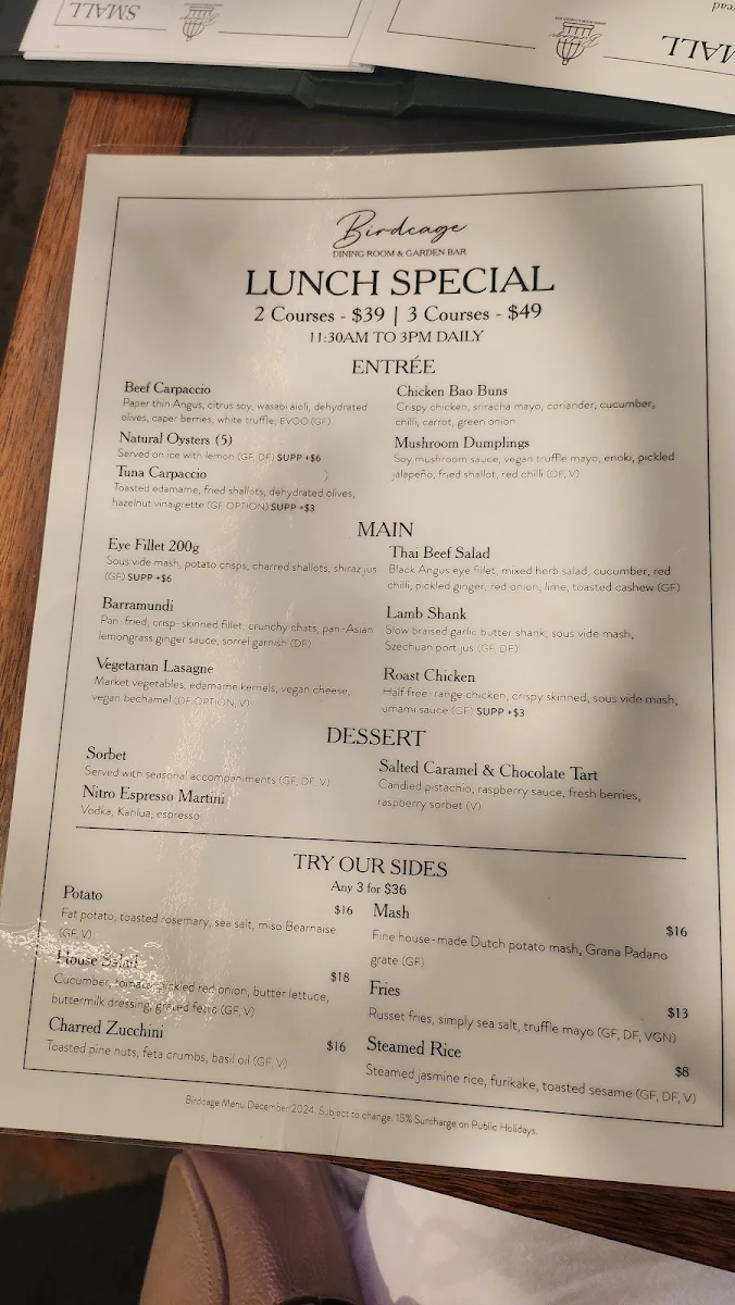 Menu, Birdcage Dining Room & Garden Bar