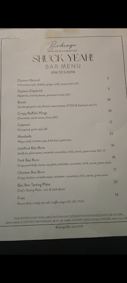 Menu, Birdcage Dining Room & Garden Bar