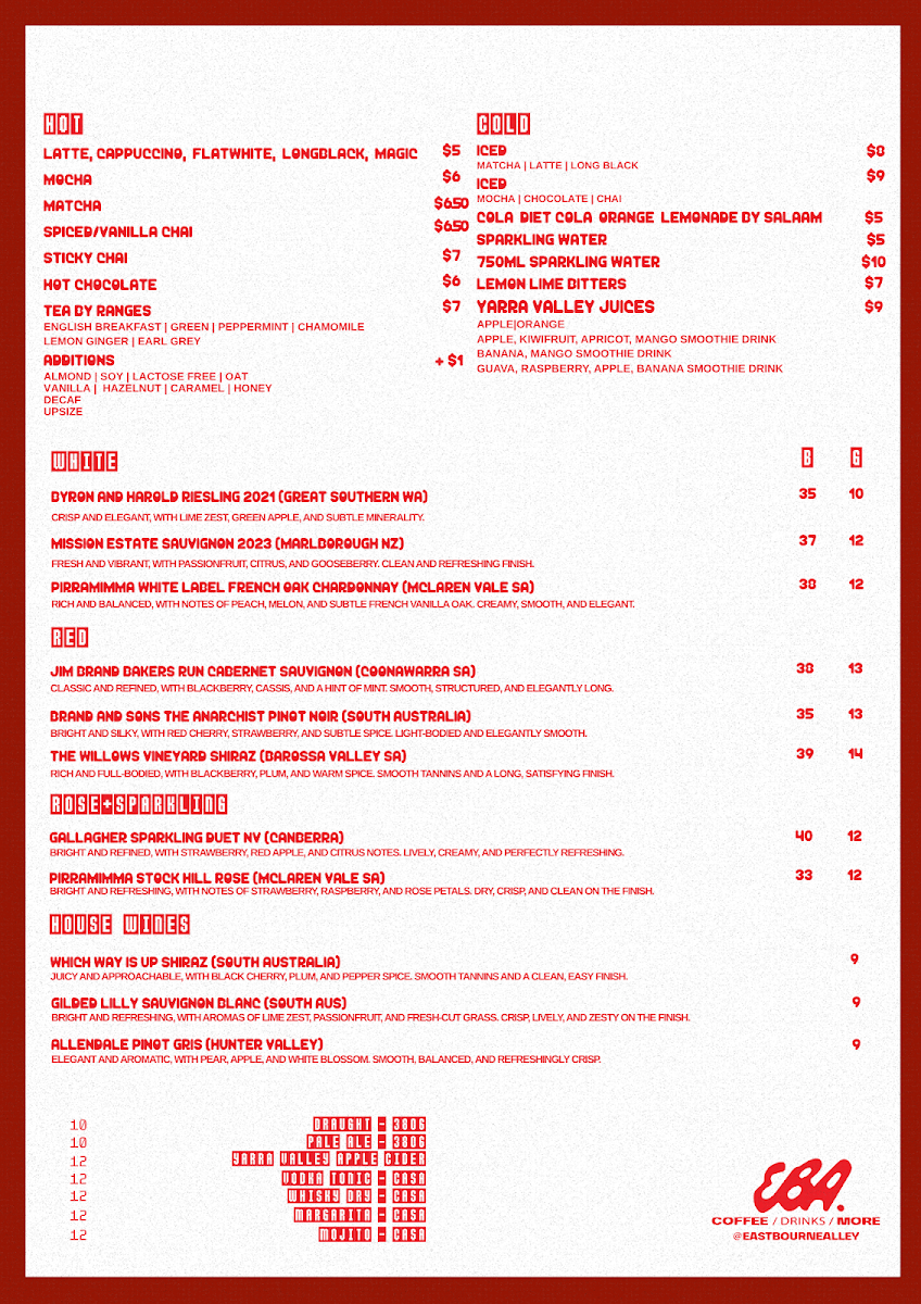 Menu, Eastbourne Alley
