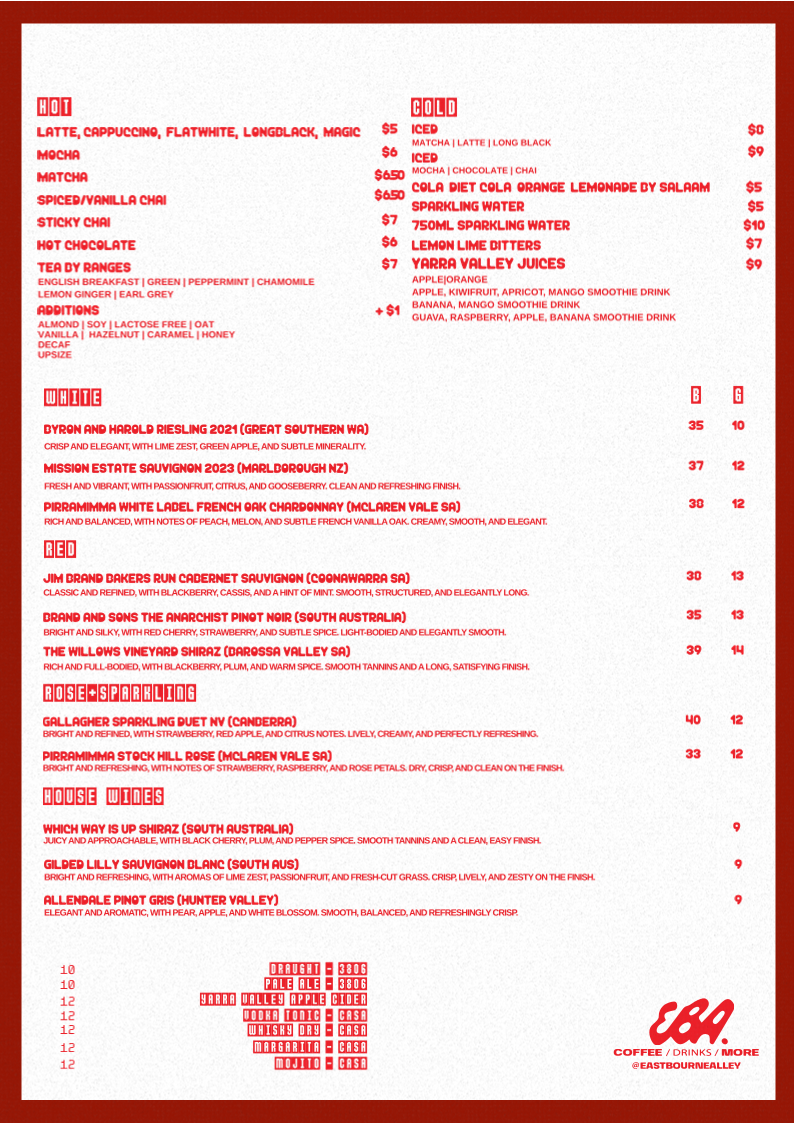 Menu, Eastbourne Alley