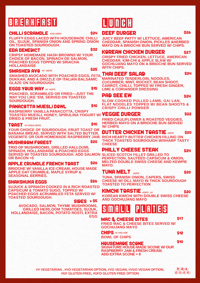 Menu, Eastbourne Alley