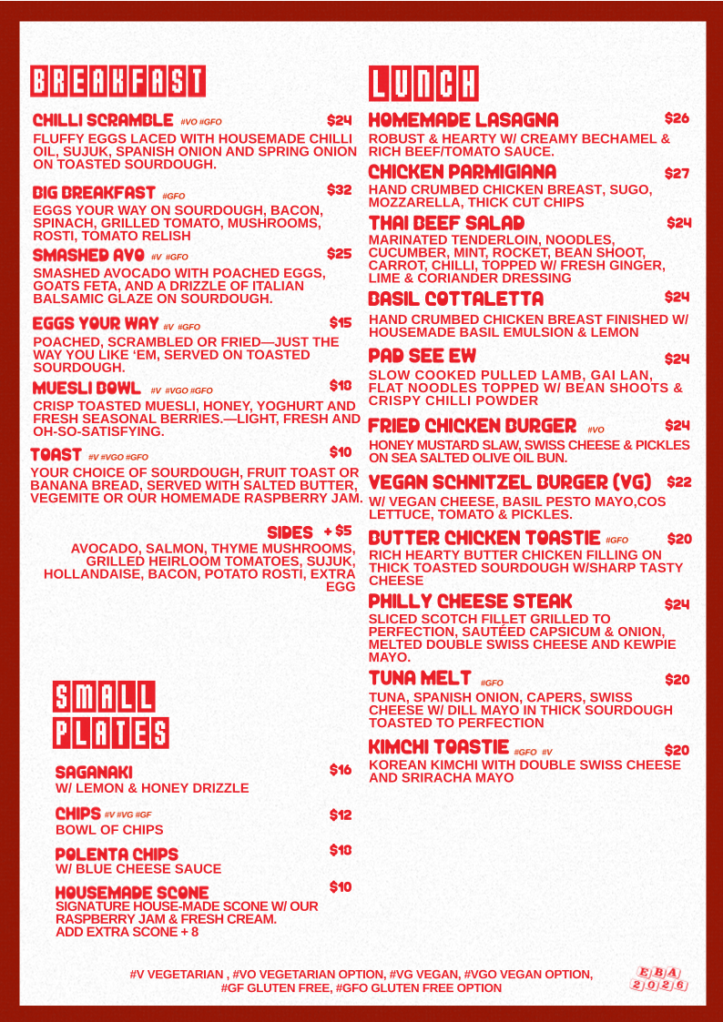 Menu, Eastbourne Alley