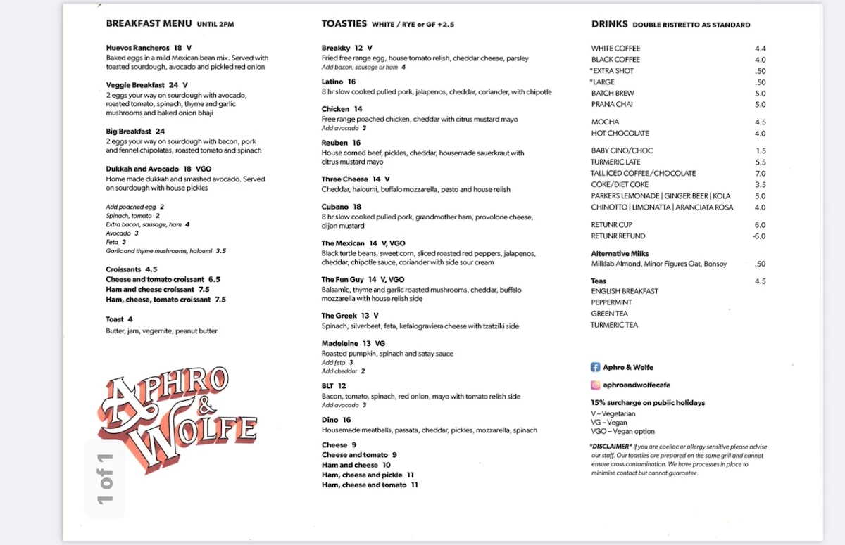 Menu, Aphro & Wolfe