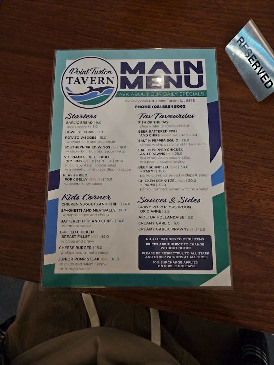 Menu, Tavern on Turton
