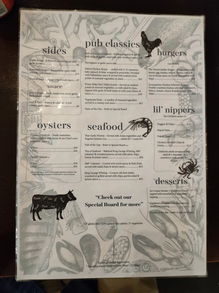 Menu, Tavern on Turton