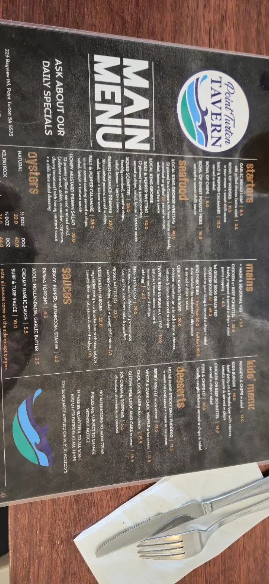 Menu, Tavern on Turton