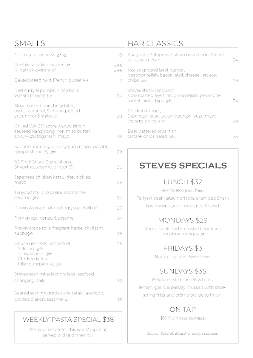 Menu, Steves