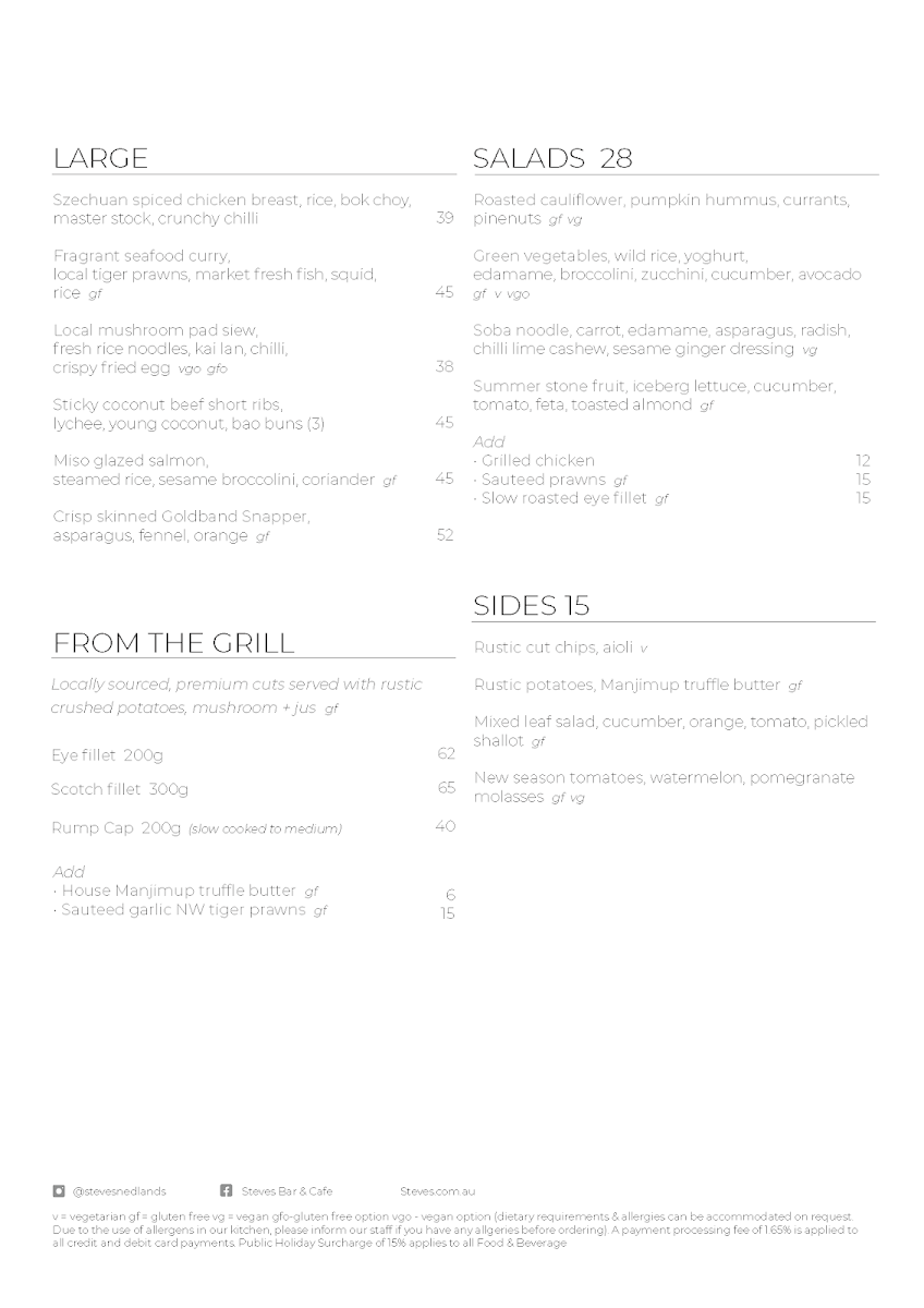 Menu, Steves