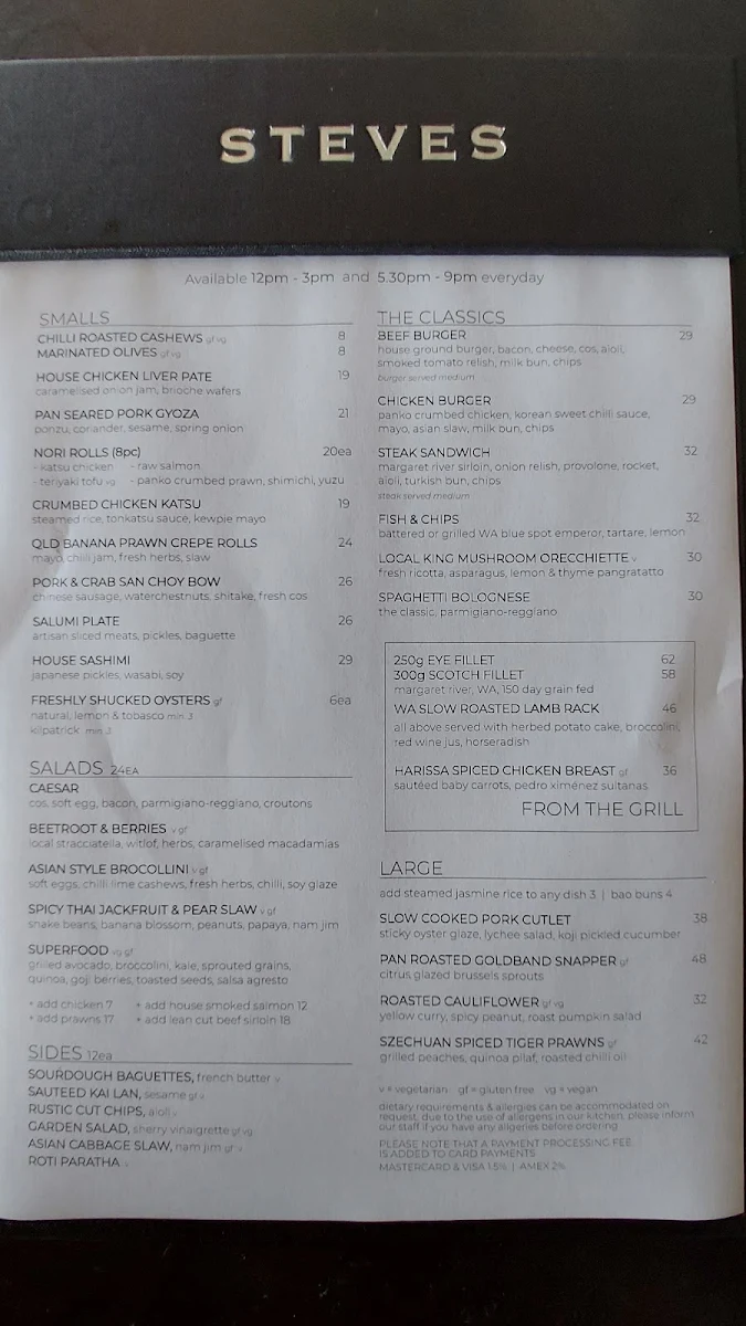 Menu, Steves