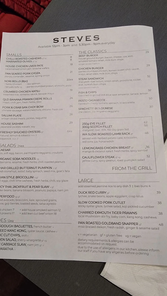 Menu, Steves