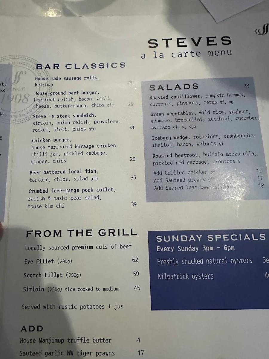 Menu, Steves