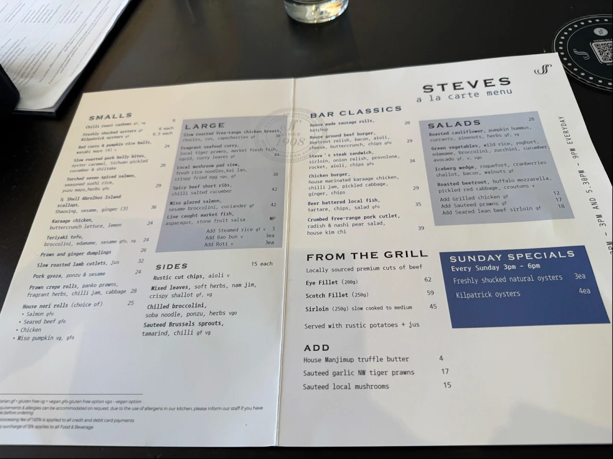 Menu, Steves