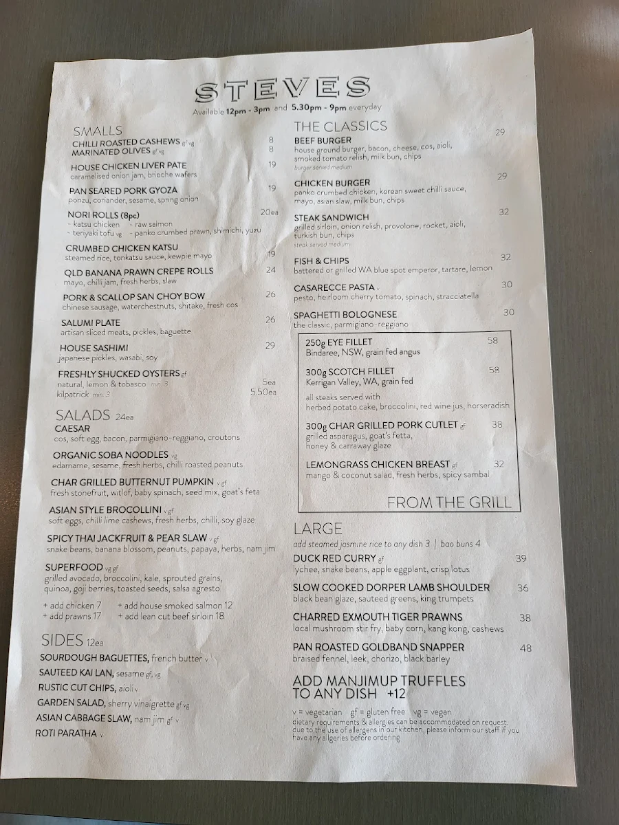 Menu, Steves