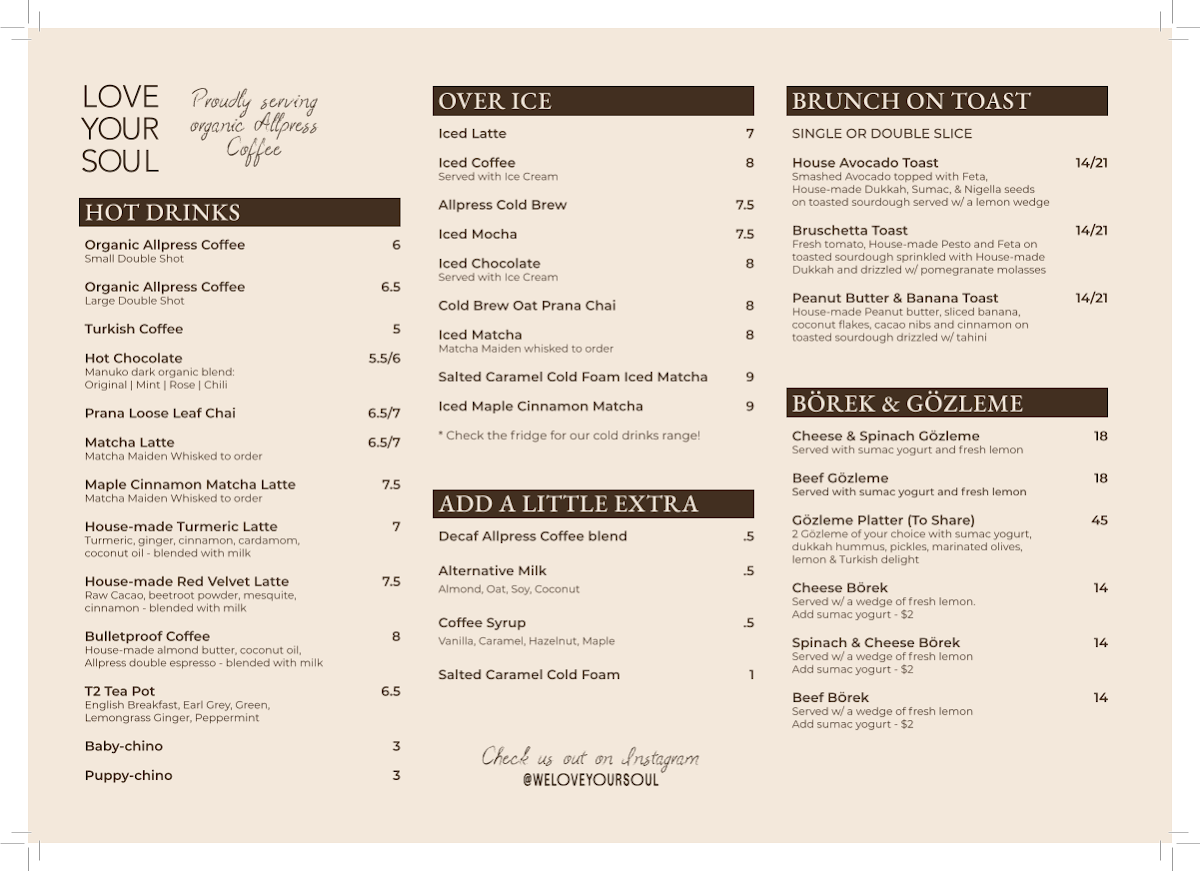 Menu, Love Your Soul Cafe