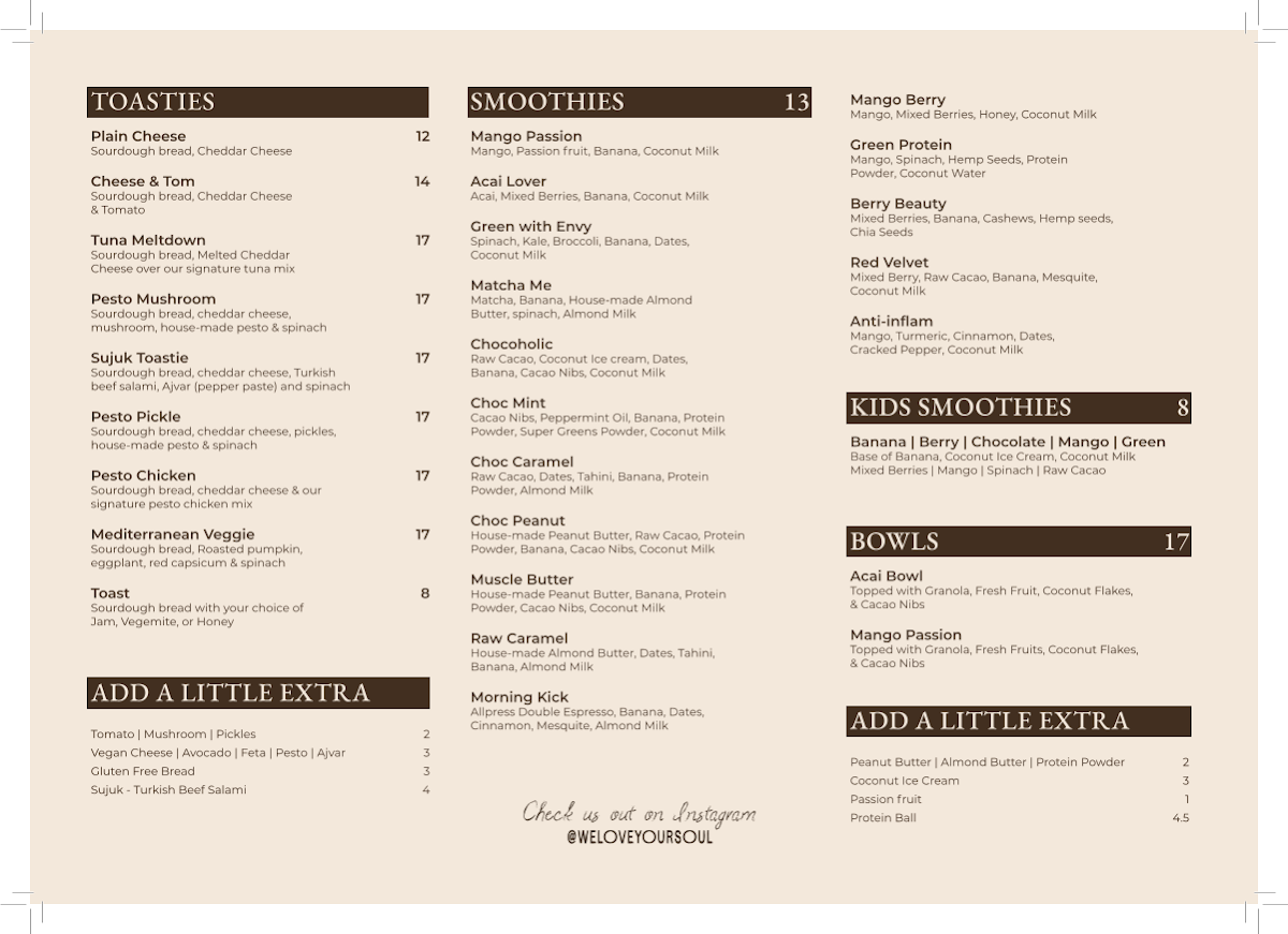 Menu, Love Your Soul Cafe