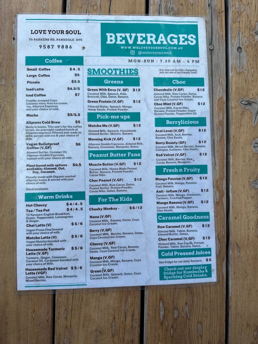 Menu, Love Your Soul Cafe