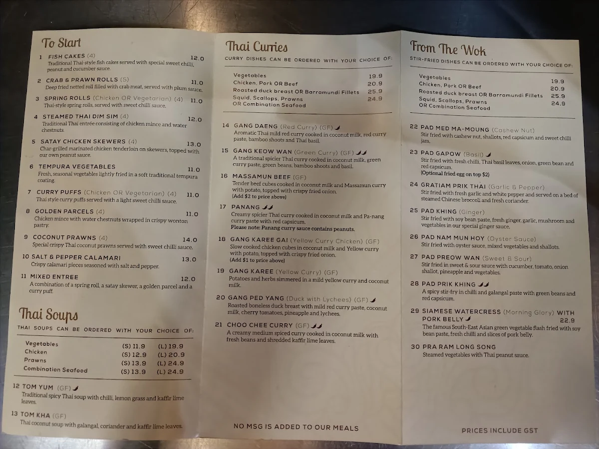 Menu, Siam Sunset Kenmore Thai