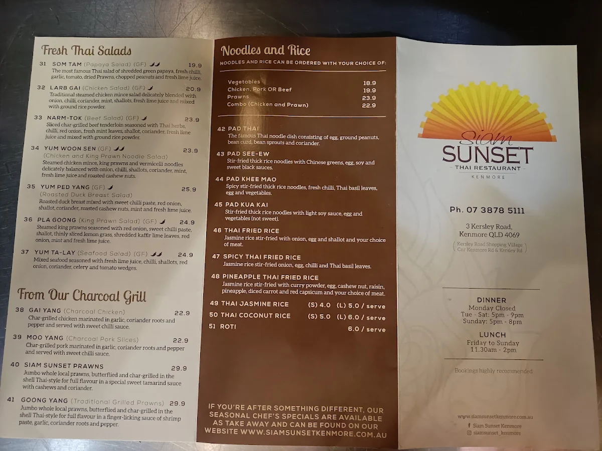 Menu, Siam Sunset Kenmore Thai