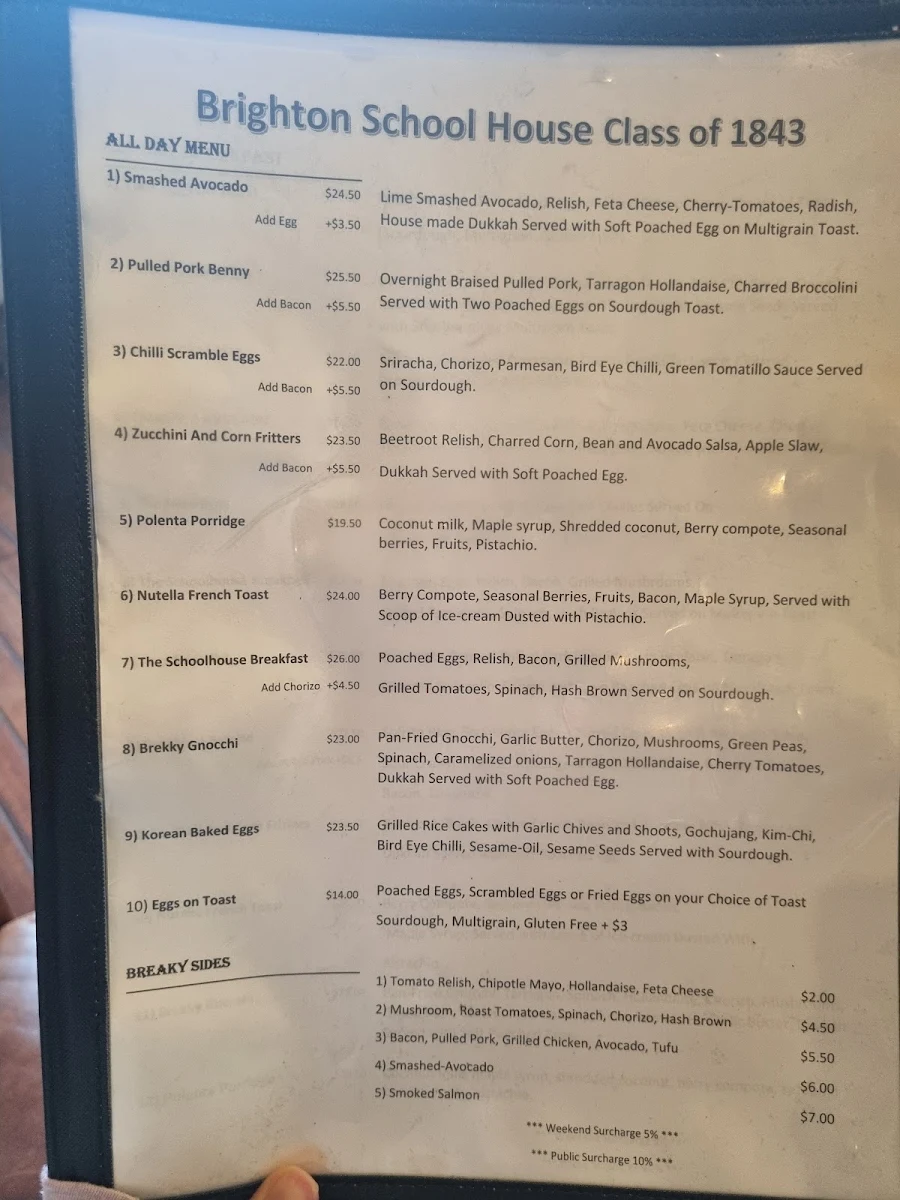 Menu, Brighton Schoolhouse