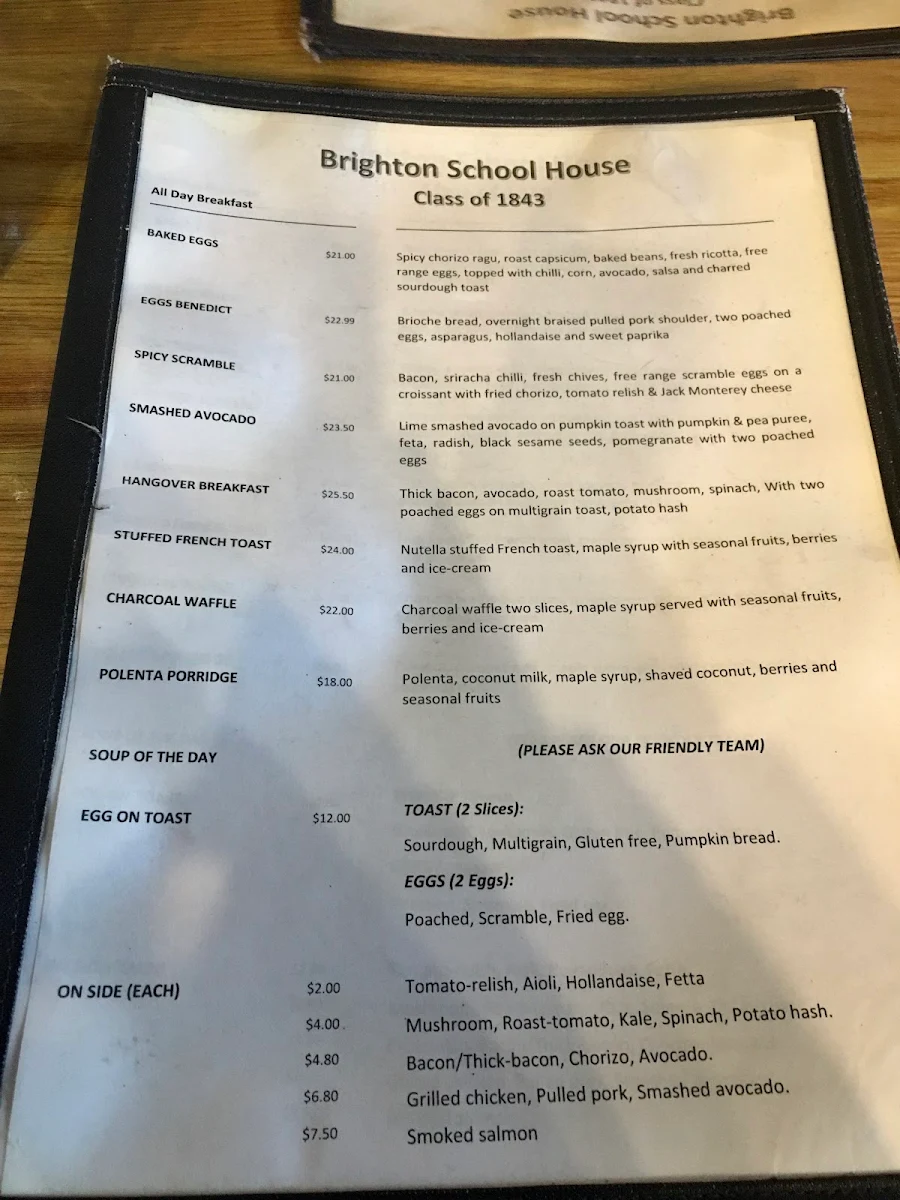 Menu, Brighton Schoolhouse
