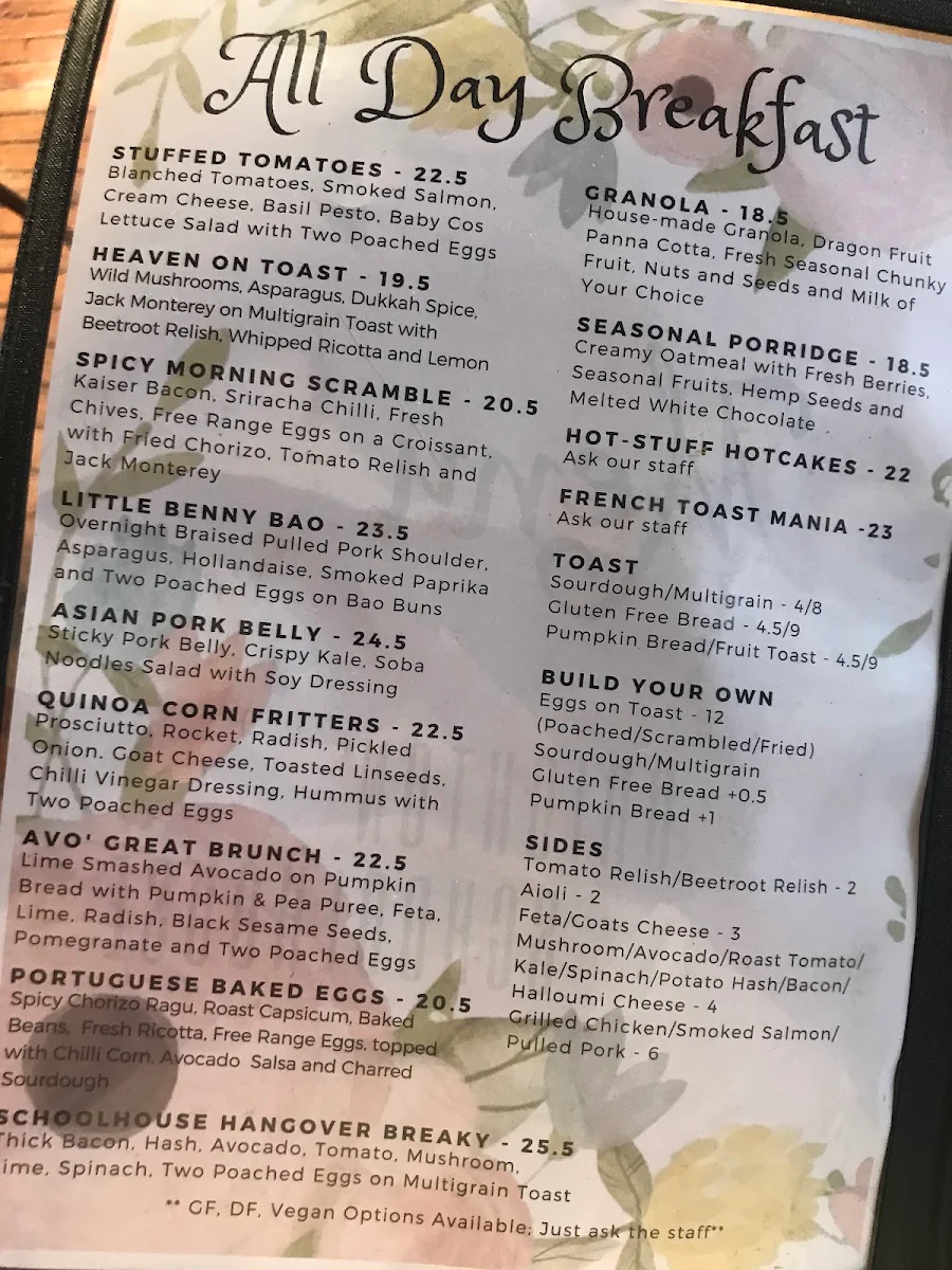Menu, Brighton Schoolhouse