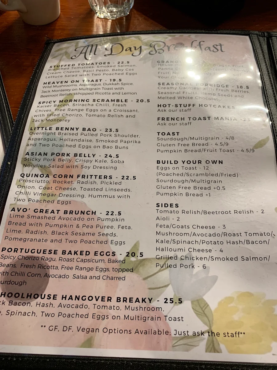 Menu, Brighton Schoolhouse