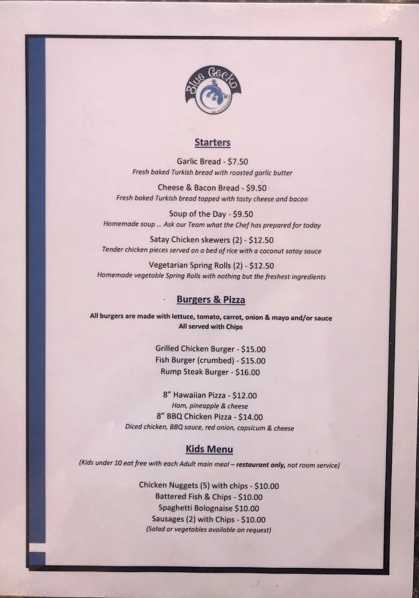 Menu, Blue Gecko Bar & Restaurant