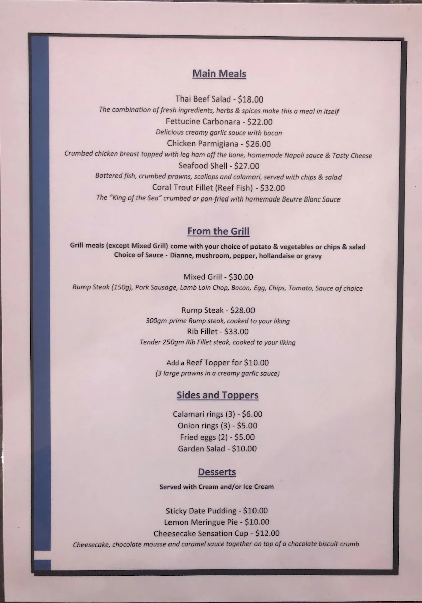 Menu, Blue Gecko Bar & Restaurant
