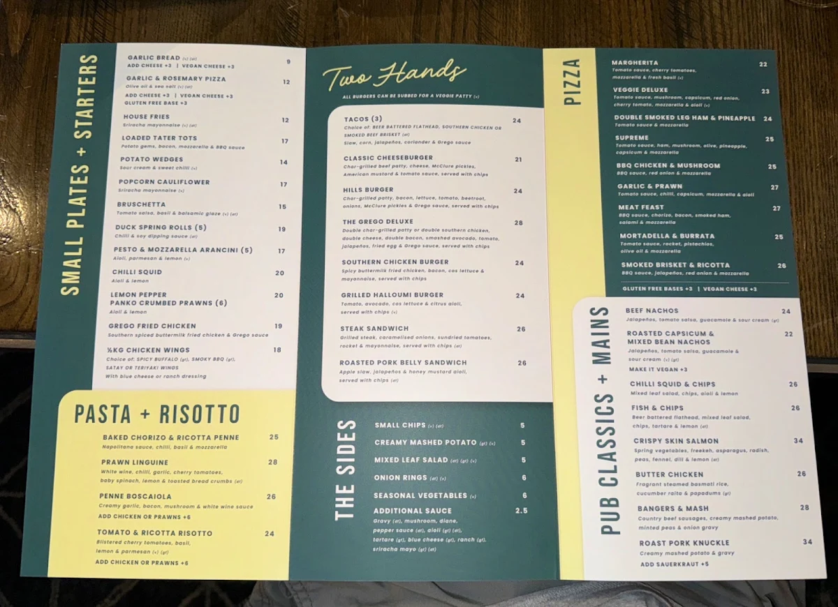 Menu, Gregory Hills Hotel
